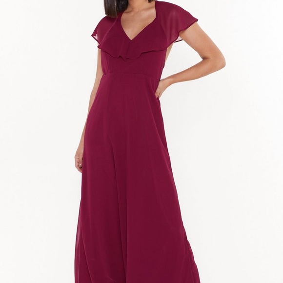 Nasty Gal Wrap Back Ruffle Sleeve Maxi Dress in Burgundy - 4 - Picture 3 of 9